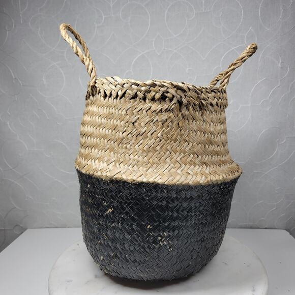 Seagrass Belly Basket 12" Tan Black Woven Wicker Home Storage Handles Lined New - Picture 14 of 16